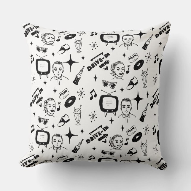 1950's Retro Nostalgic Graphics Black and White  Throw Pillow (Front)