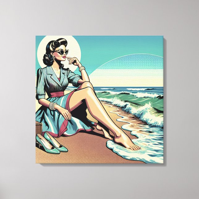 1950's Retro Woman Sitting on the Beach Canvas Print (Front)