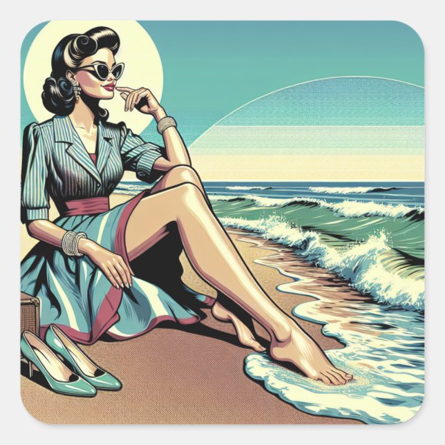 1950's Retro Woman Sitting on the Beach Square Sticker (Front)