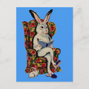 1950s seated big bunny reads story to baby bunny postcard