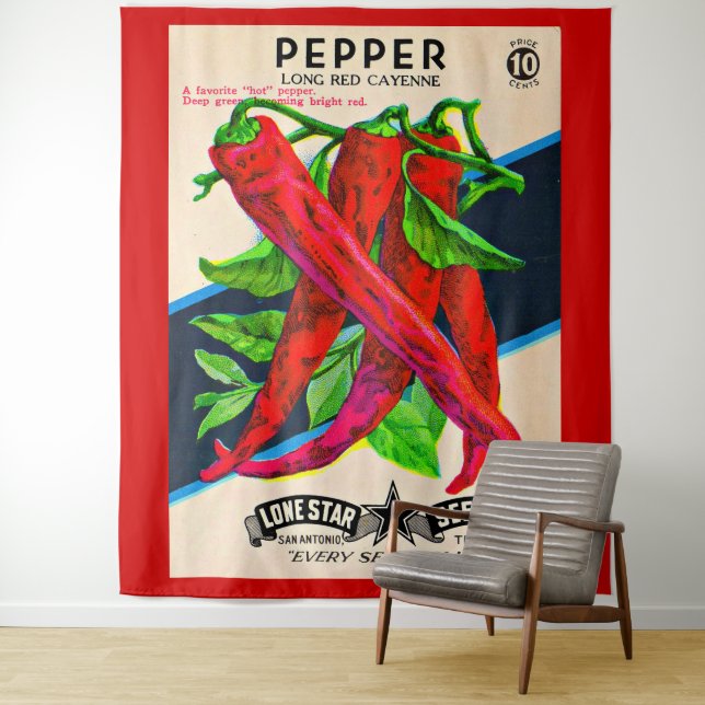 1950s seed packet cayenne pepper print tapestry (In Situ)