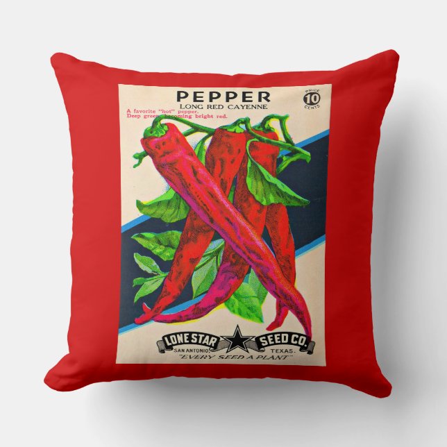 1950s seed packet cayenne pepper print throw pillow (Front)