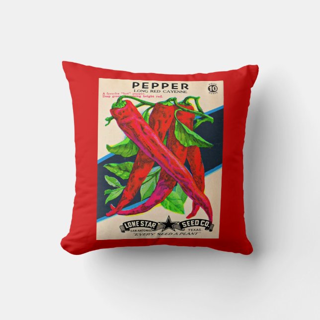 1950s seed packet cayenne pepper print throw pillow (Front)