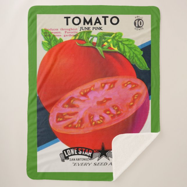  1950s seed packet tomato print sherpa blanket (Front)