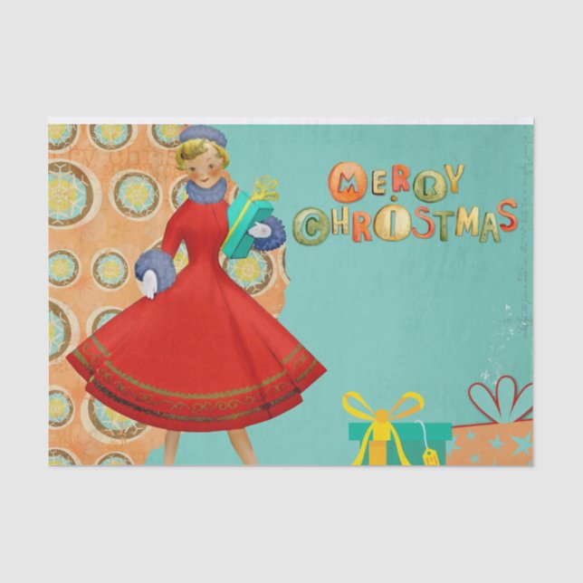 1950s Style Christmas Woman with Presents Tissue Paper (Front)