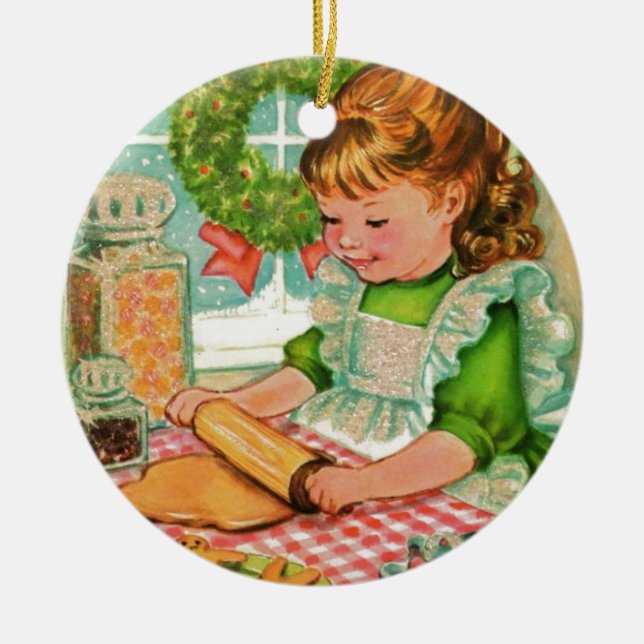 1950'S Vintage Christmas Girl Baking Cookies Ceramic Ornament (Front)