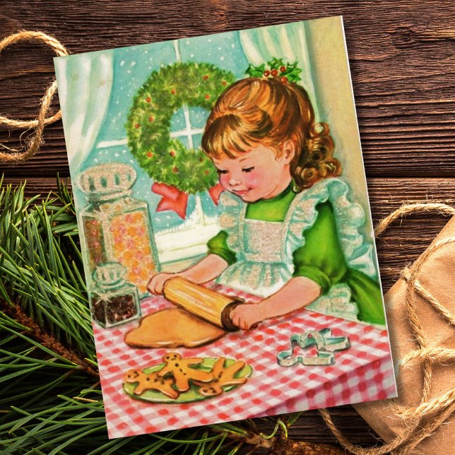 1950'S Vintage Christmas Girl Baking Cookies Holiday Postcard (Creator Uploaded)