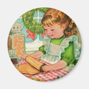 1950'S Vintage Christmas Girl Baking Cookies Magnet