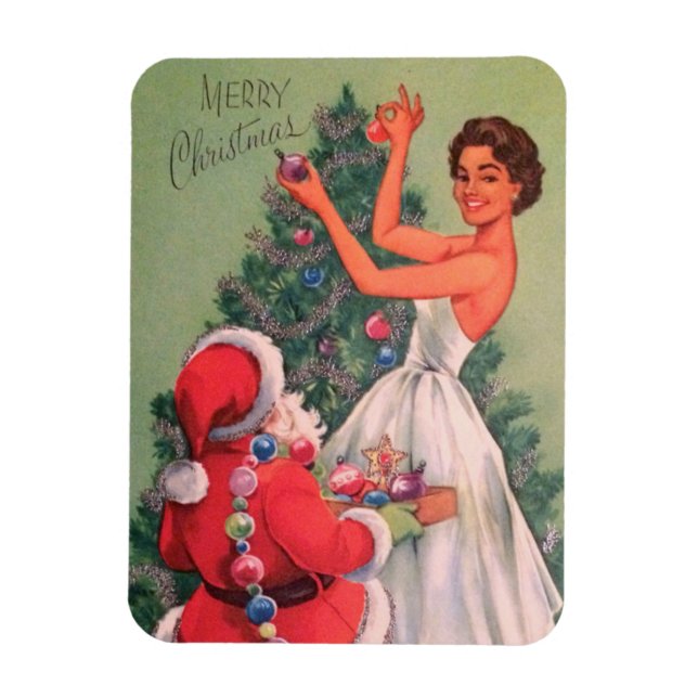 1950s Vintage Christmas Girl Decorating Tree Magnet (Vertical)