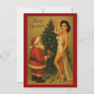 1950s Vintage Christmas Girl Decorating With Santa Holiday Card