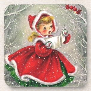 1950s Vintage Christmas Girl In Dress Coaster