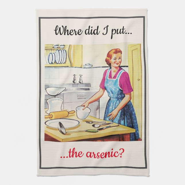 1950's Vintage Funny Murderous Housewife Cooking Kitchen Towel (Vertical)