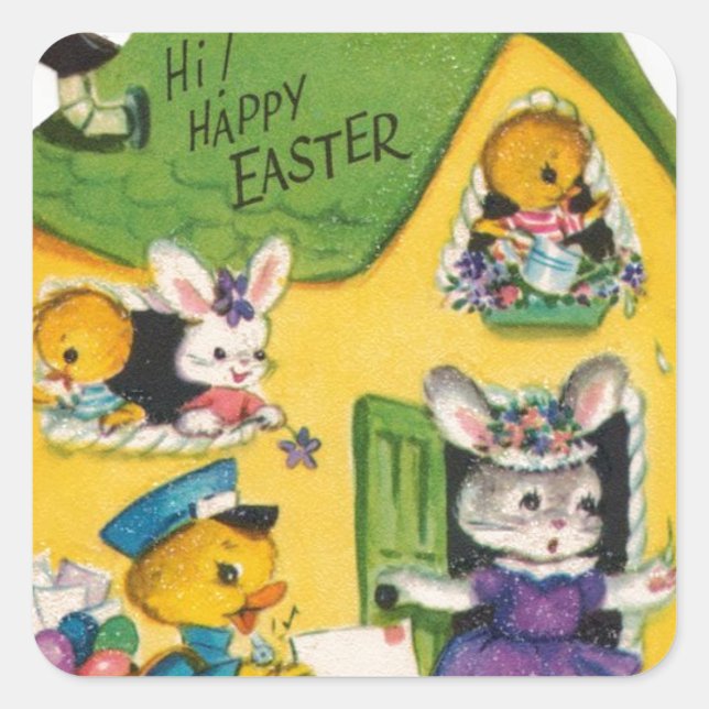 1950s Vintage Happy Easter Animals Square Sticker (Front)