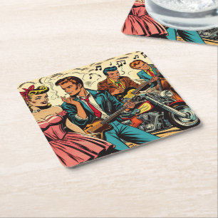 1950s Vintage Rock and Roll Comics Square Paper Coaster