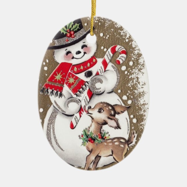 1950s Vintage Snowman With Baby Deer Ceramic Ornament (Front)