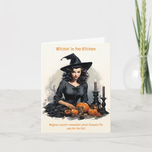 1950s Witch Pumpkin Pie Kitchen Halloween Card (Front)