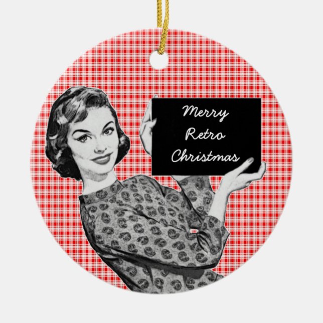 1950s Woman with a Christmas Sign V2 Ceramic Ornament (Front)