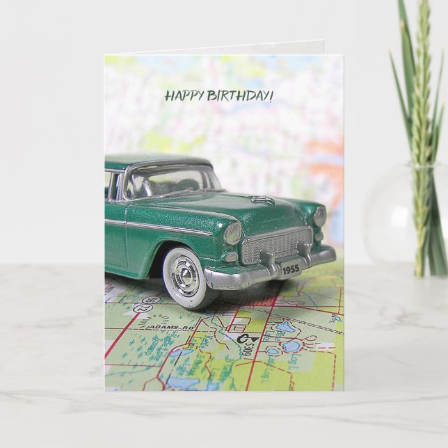 1955 Car On a Road Map for BIrthday Card (Front)
