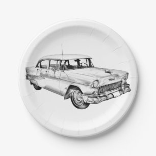 1955 Chevrolet Bel Air Antique Car Illustration Paper Plate