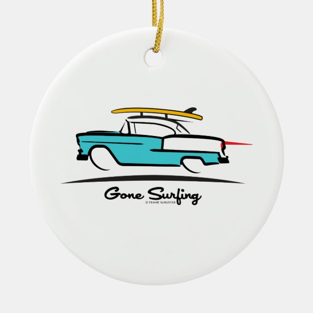 1955 Chevy Hardtop Coupe Gone Surfing Ceramic Ornament (Front)