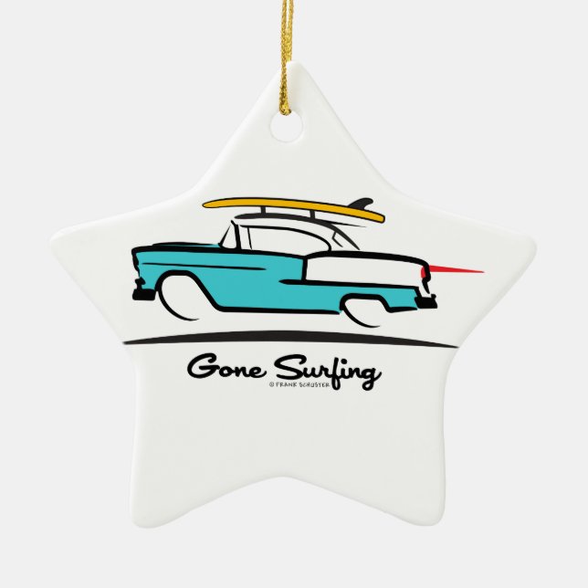 1955 Chevy Hardtop Coupe Gone Surfing Ceramic Ornament (Front)