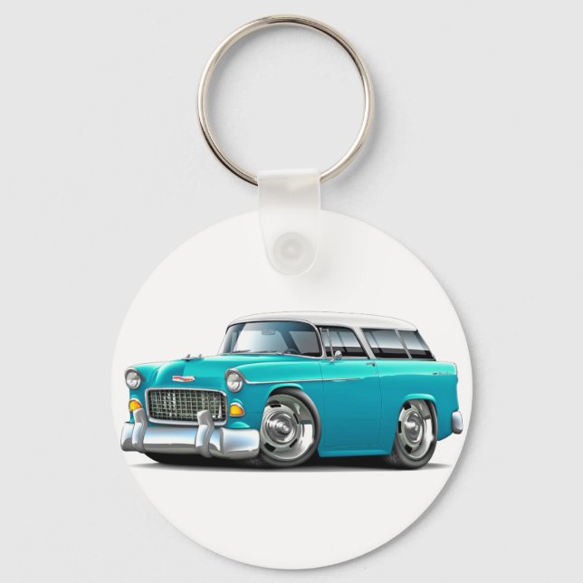 1955 Chevy Nomad Turquoise-White Car Keychain (Front)