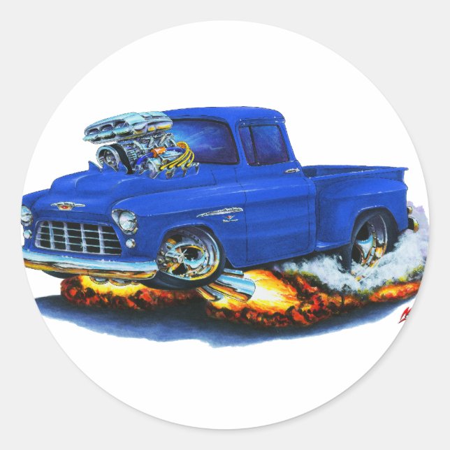 1955 Chevy Stepside Pickup Blue Truck Classic Round Sticker (Front)