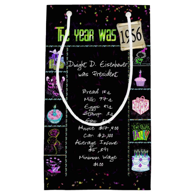1956 Birth Year Trivia on Black Small Gift Bag (Front)