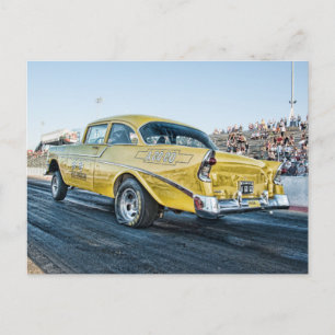 1956 chevy belair gasser at the drag strip postcard