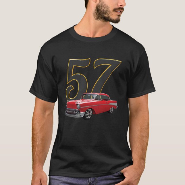 1957 57 chevys truck bel air red vintage cars T-Shirt (Front)