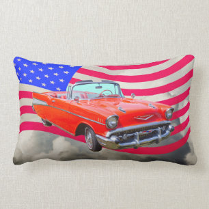 1957 Chevrolet Bel Air And US Flag Lumbar Pillow