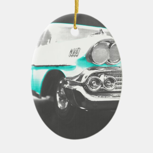 1958 chevy impala bright blue classic car ceramic ornament (Front)