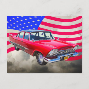 1958 Plymouth Savoy Car With American Flag Postcard