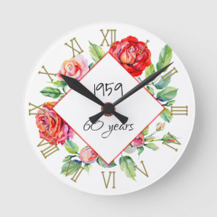 1959 60th Birthday Woman Watercolor Roses Custom Round Clock