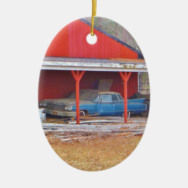 1960 BLUE SADAND DEVILLE Antique car Ceramic Ornament (Front)
