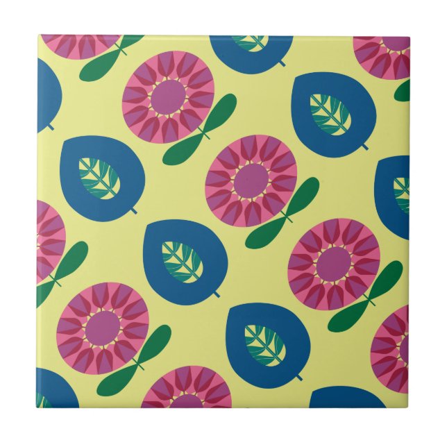 1960 Flowers in Pink, Blue and Yellow Ceramic Tile (Front)