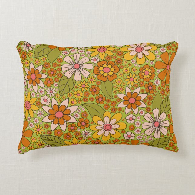 1960s, 1970s Green & Orange Retro Floral Accent Pillow (Front)