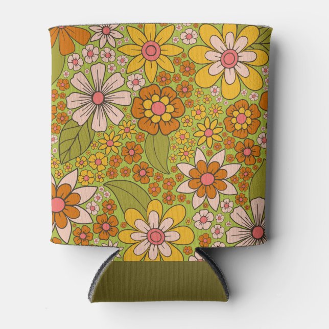 1960s, 1970s Green & Orange Retro Floral Can Cooler (Front)
