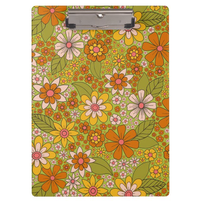 1960s, 1970s Green & Orange Retro Floral Clipboard (Front)