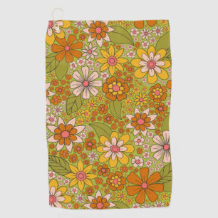 1960s, 1970s Green & Orange Retro Floral Golf Towel