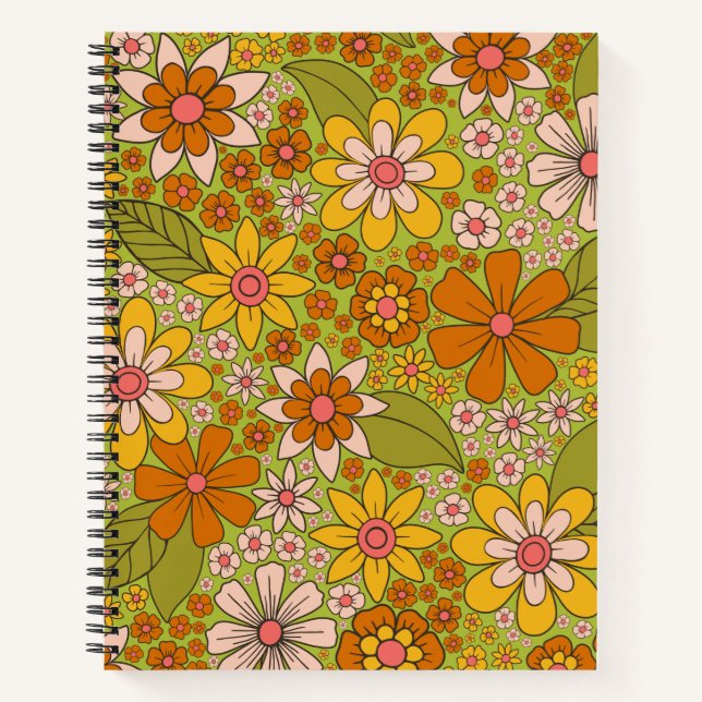 1960s, 1970s Green & Orange Retro Floral Notebook (Front)