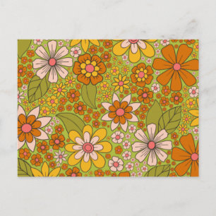 1960s, 1970s Green & Orange Retro Floral Postcard