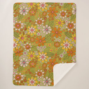 1960s, 1970s Green & Orange Retro Floral Sherpa Blanket