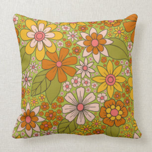 1960s, 1970s Green & Orange Retro Floral Throw Pillow