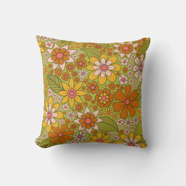 1960s, 1970s Green & Orange Retro Floral Throw Pillow (Front)