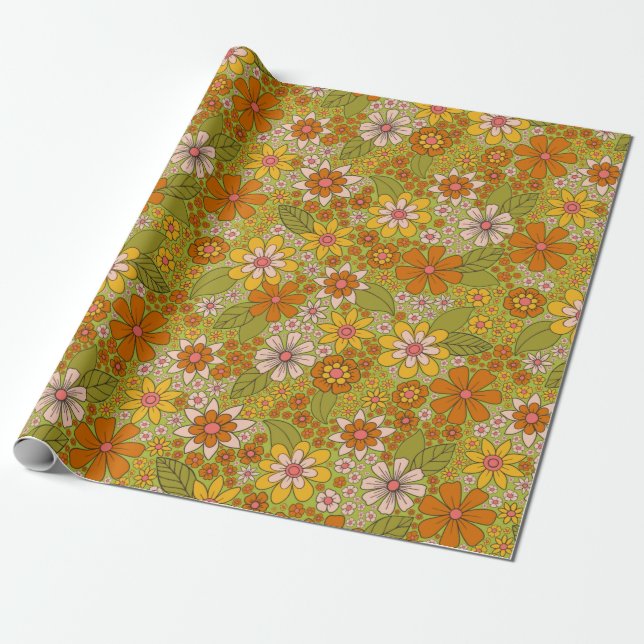 1960s, 1970s Green & Orange Retro Floral Wrapping Paper (Unrolled)