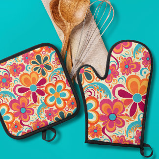 1960s 1970s Groovy Colourful Flower Power Oven Mitt & Pot Holder Set