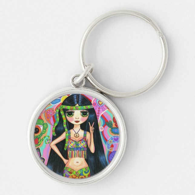 1960s, 1970s Psychedelic Hippie Chick Peace Sign Keychain (Front)