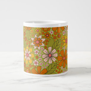 1960s, 1970s Retro Floral in Green, Pink & Orange Large Coffee Mug