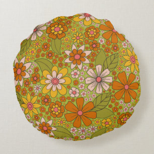 1960s, 1970s Retro Floral in Green, Pink & Orange Round Pillow